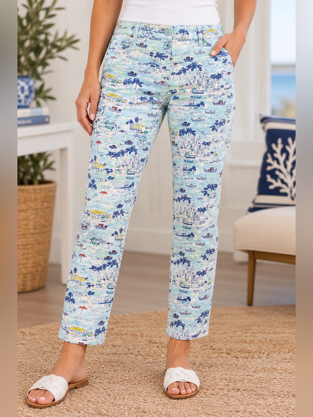 Talbots The Weekend Chino Size 2 Coastal Scenic Print Straight Leg Pants